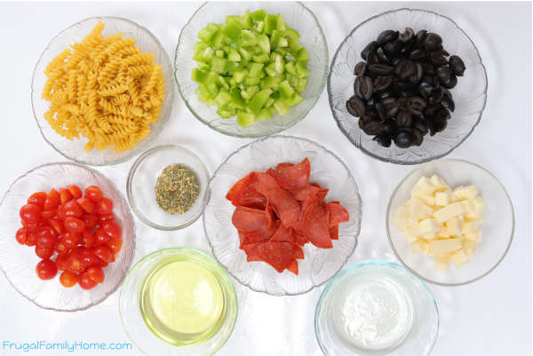 Ingredients for Pepperoni pasta salad recipe.
