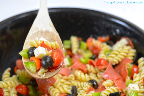 A spoonful of pizza pasta salad.