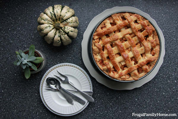 Pie ready to serve with a lattice top.