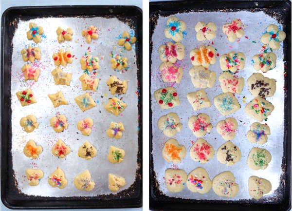 baked and unbaked spritz cookies on cookie sheet