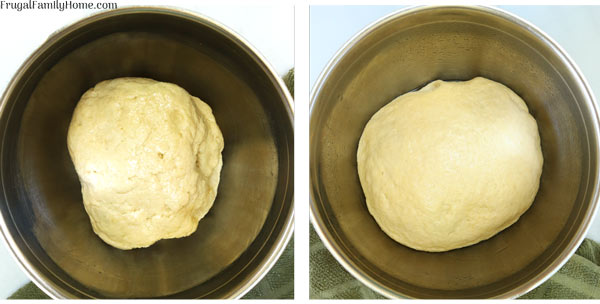 The bread dough before rising and after.
