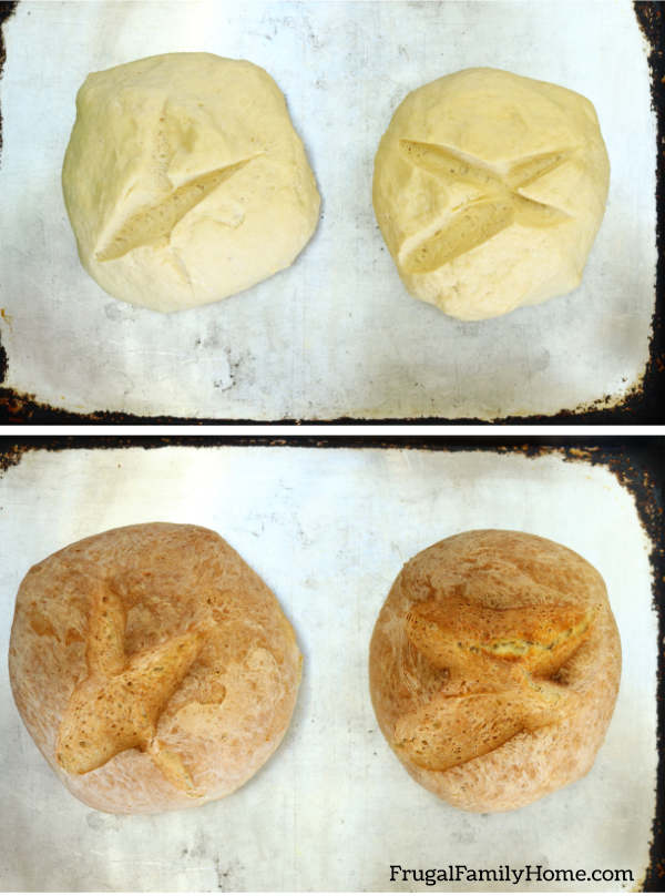 Before baking and after baking the bread