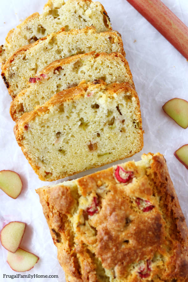 A loaf of rhubarb bread sliced