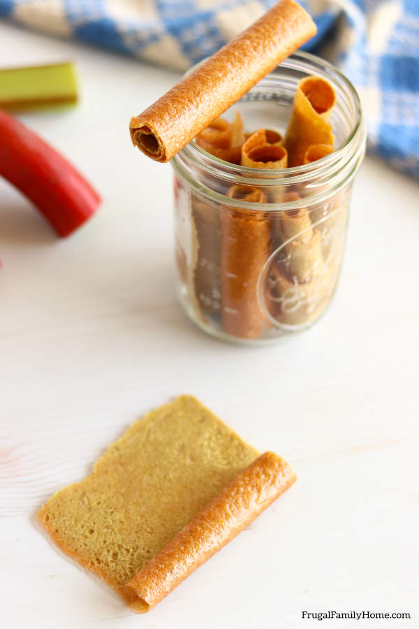 rhubarb leather in jar for storage.