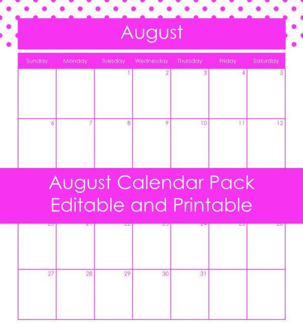 Printable August calendar 
