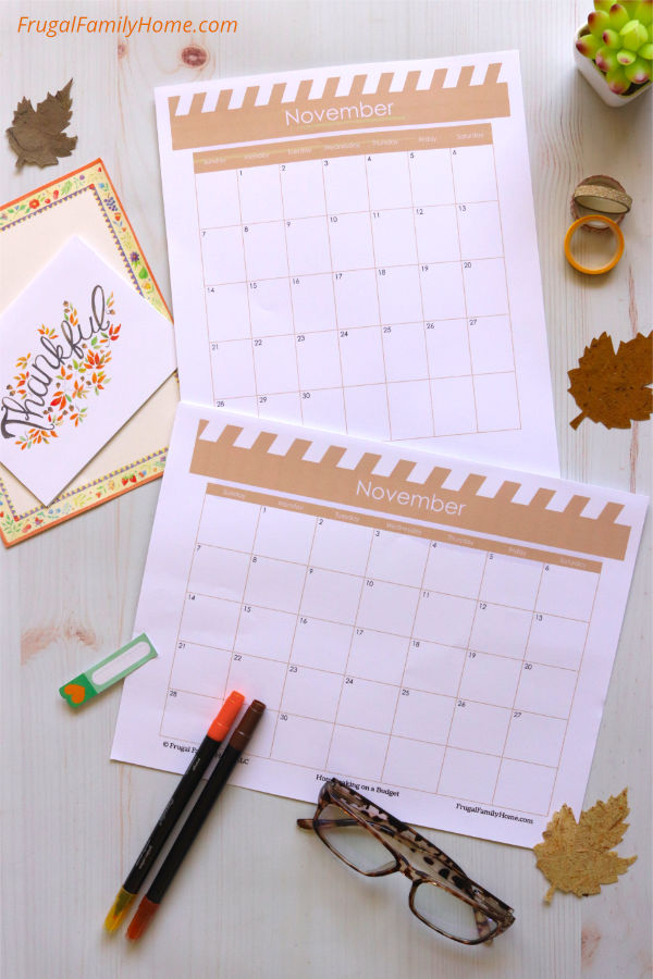November calendar pages to print