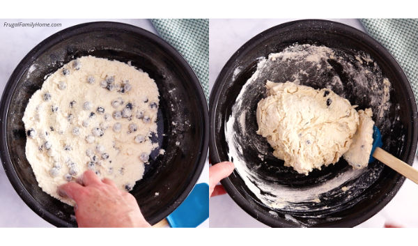 mixing blueberry biscuits dough