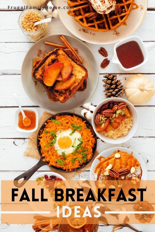 A bunch of fall breakfast ideas served on a white table.