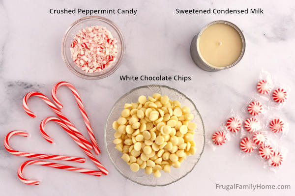 Ingredients needed for White chocolate peppermint fudge recipe