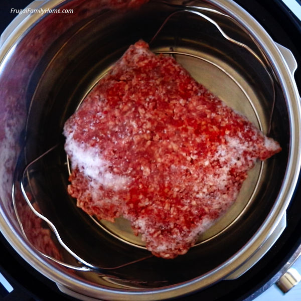 Frozen ground beef placed in instant pot