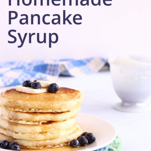 Homemade pancake syrup made with white sugar on top of pancakes.