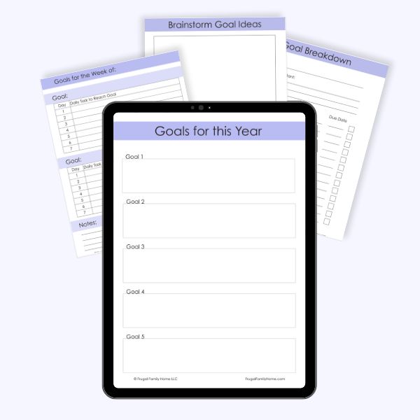The printable goal planner displayed on an iPad.