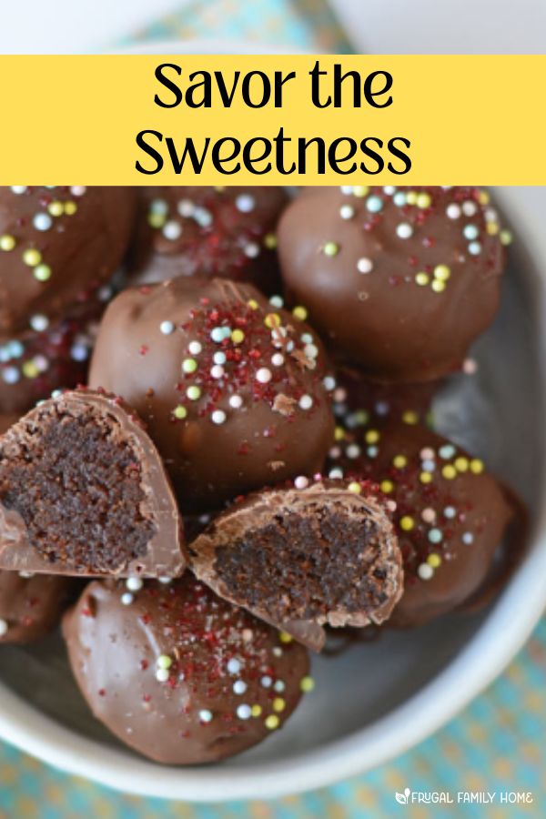 brownie truffles in a bowl with words savor the sweetness