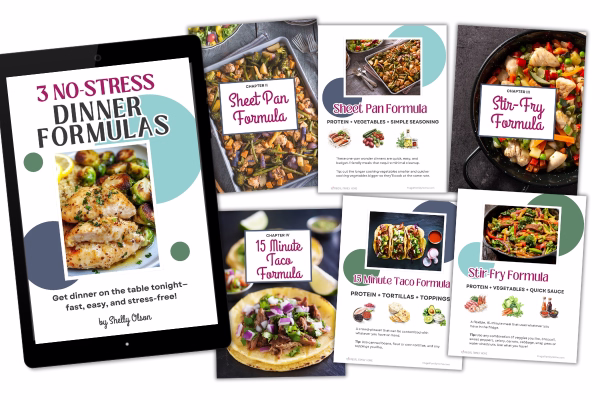The pages included n the 3 No Stress Dinner Formulas
