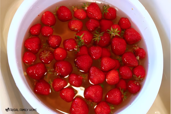 strawberries soaking in vinegar water to clean them.